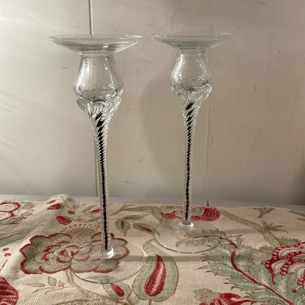 Elegant Handblown Twisted Stem Black Detail Cradling a Ribbed Candle Drip Plate